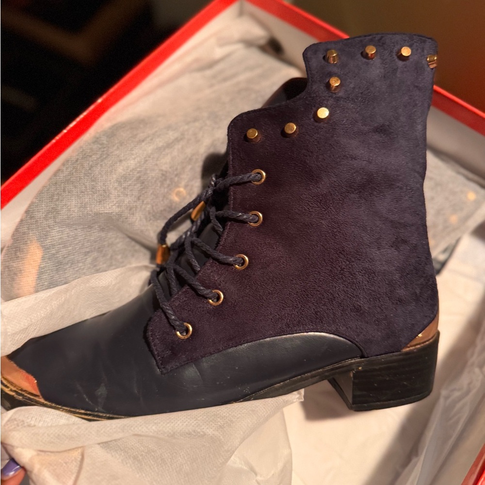 Stylish Navy Blue and Gold Ankle Boots Size 11